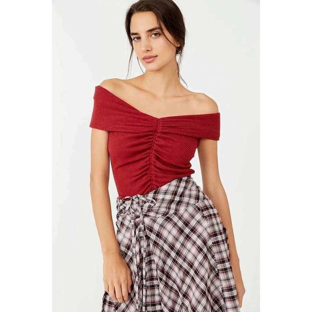Free People FP This Cutie Red Ribbed Off Shoulder Top, Size Small